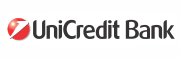 Crvena loptica sa belim znakom pored koje piše UniCredit Bank crnim slovima