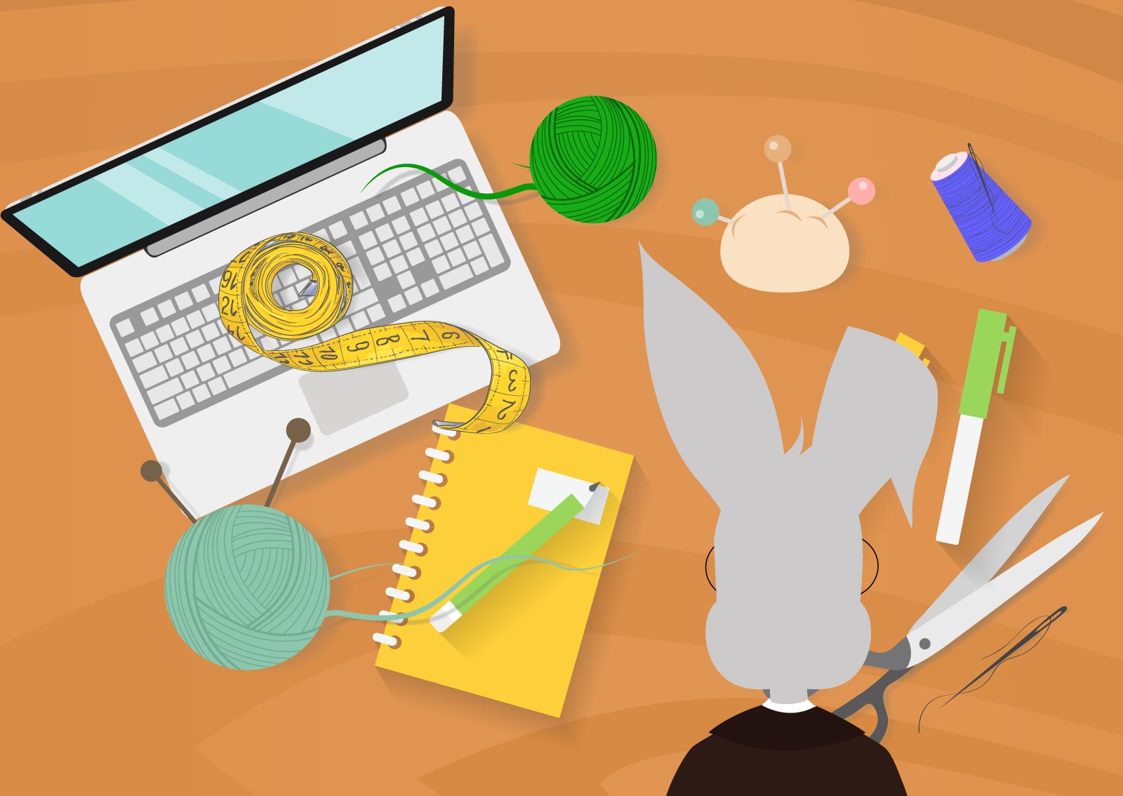 Ilustracija zeke za radnim stolom na kome su laptop, sveska i olovka, traka za merenje, konac, igle, makaze i ostali materijal potreban za dizajn