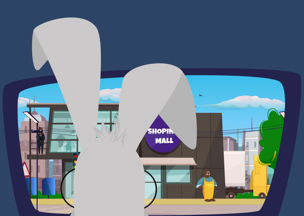 Zaštitni znak Web servisa naKlik beli zec gleda iz automobila shoping mall pored kojeg stoji meda