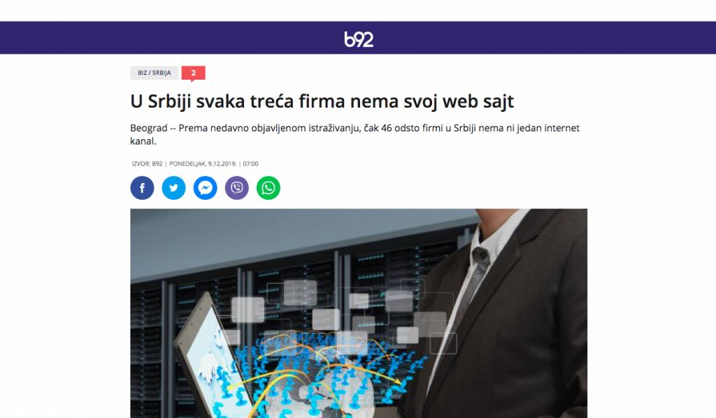 Slika ekrana na kom se nalazi vest portala b92 sa naslovom"U Srbiji svaka treća firma nema svoj web sajt"