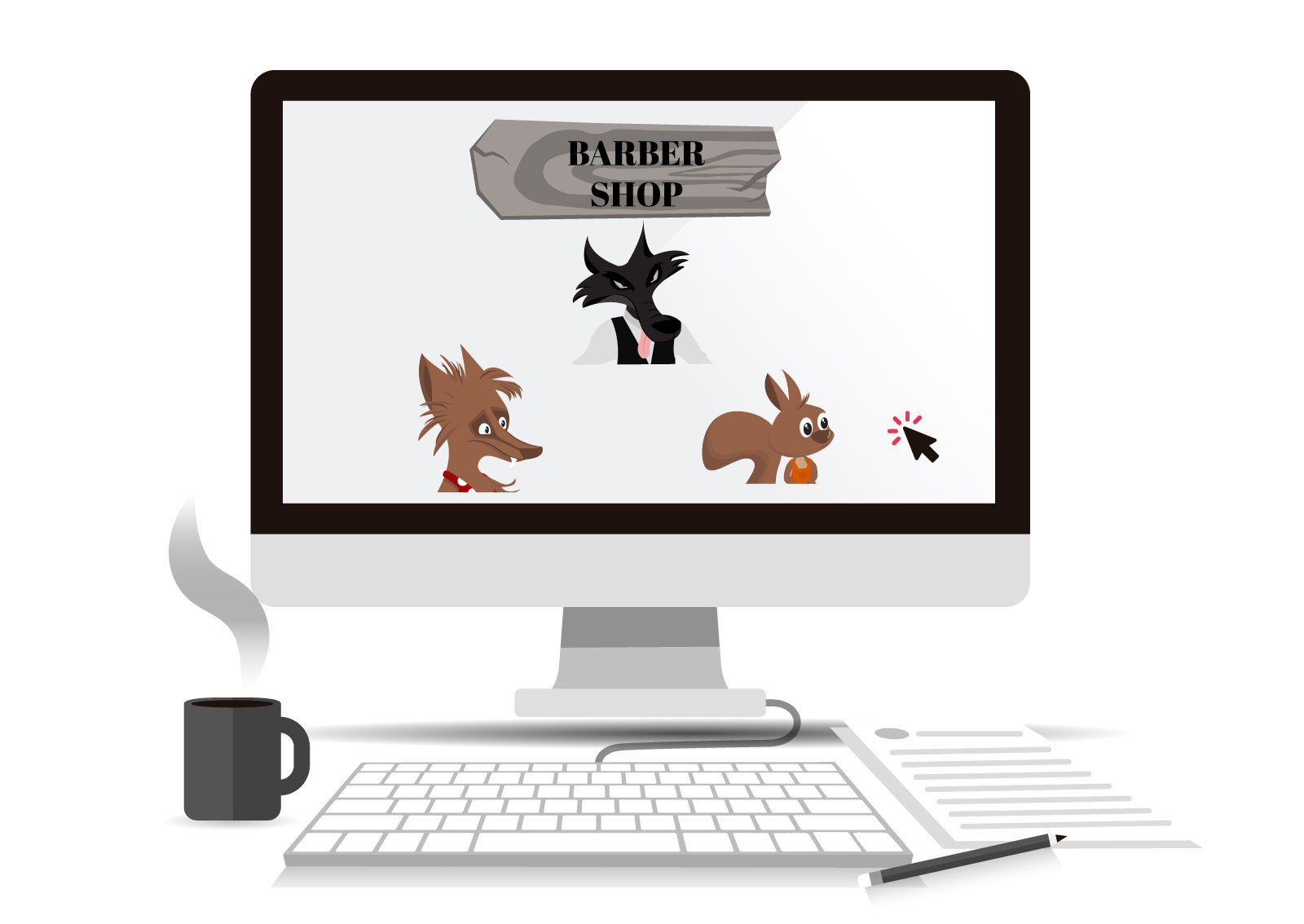 Ilustracija desktopa i pretraživača berberina, vuk, lisica i veverica kao ponuđene opcije