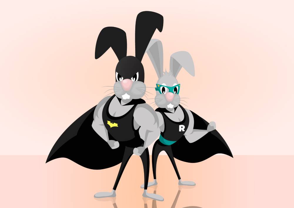 Ilustracija zeca kao Betmena i Robina koja prikazuje kako preduzetnici i digitalni marketing agencije treba da funkcionišu.
