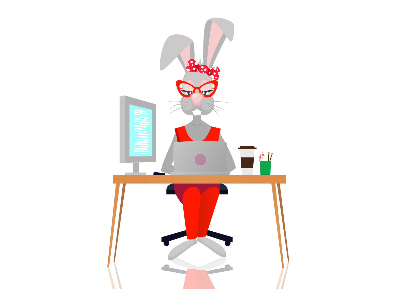 Ilustracija zečice u crvenom kostimu kao web developera