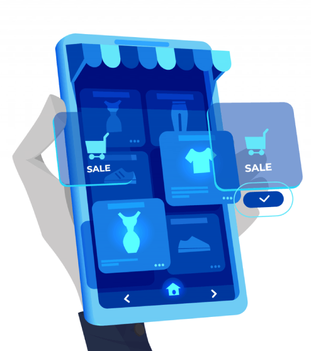 Ilustracija internet prodavnice preko telefona i ikonica za kupovinu koja iskaču iz ekrana